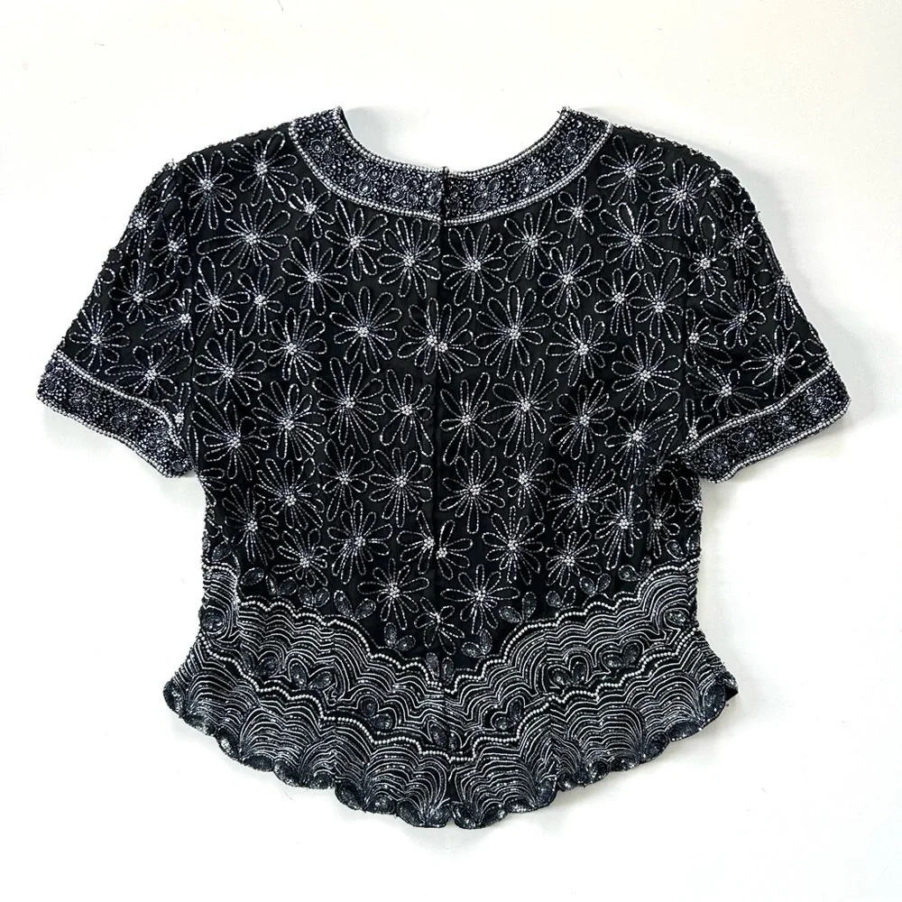 Papéll Boutique Black Silk Daisy Floral Intricate Beaded Short Sleeve Party Top - Picture 4 of 6